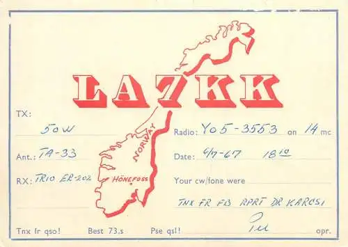 Postcard Radio amateur QSL card LA7KK Norway