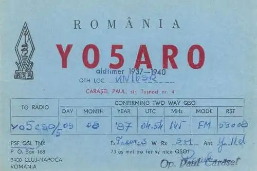 Postcard Radio amateur QSL card Y05ARO 1940 Cluj Romania