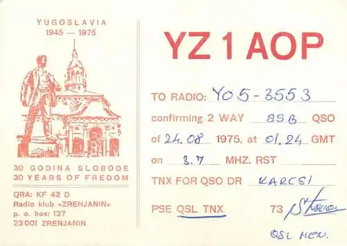 Postcard Radio amateur QSL card Yugoslavia YZ1AOP 1975