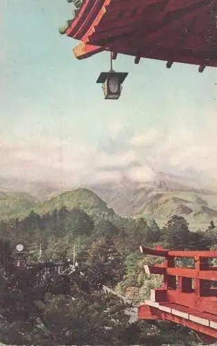 Japan scenic vintage postcard Nikko mountains in early autumn