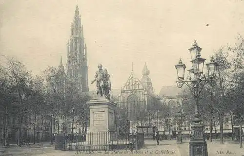 Postcard Belgium Antwerp Anvers la statue de Rubens et la cathedrale