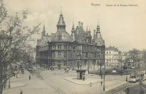Postcard Belgium Antwerp Anvers square de la Banque Nationale tram