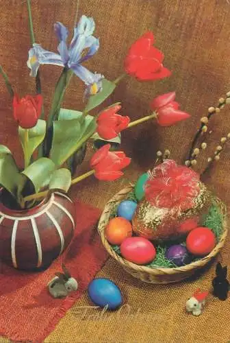 Easter greetings painted eggs and tulips floral arrangement