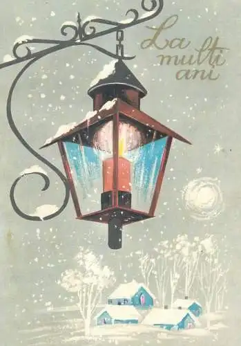 Winter Holidays greetings lit candle street lamp winter day