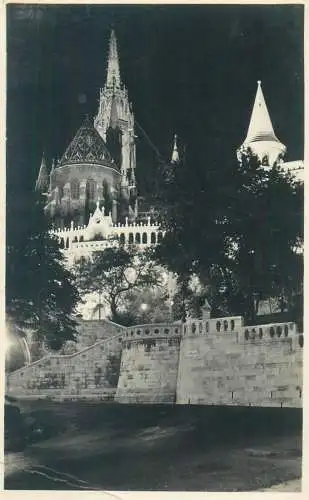 Hungary Budapest Fishermen's Bastion and the Kronungskirche illuminated