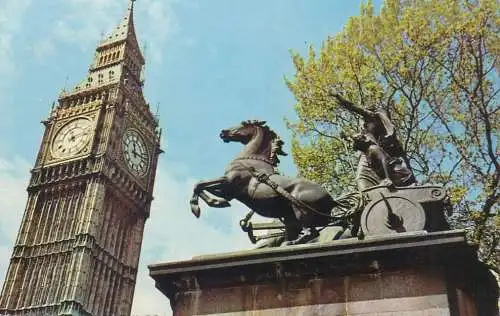 Postcard UK England London Parliament Big Ben and Boadicea Statue 1959