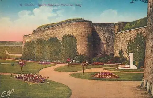 Postcard France Calais square Risbon et monument Brazy