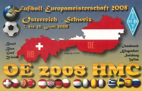Radio amateur QSL card Euro 2008 Austria and Switzerland OE2008HMC