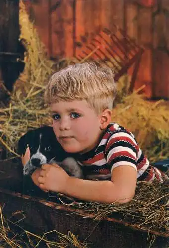 Postcard boy and dog friendship Holland barn
