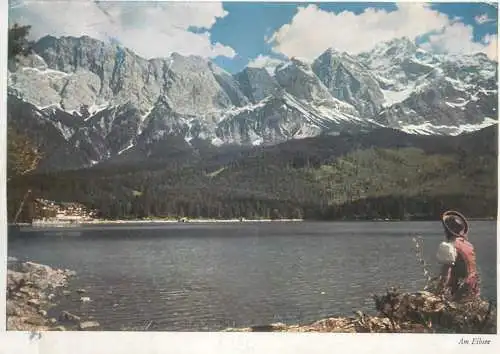 Postcard Germany Am Eibsee lake and cottage mountains