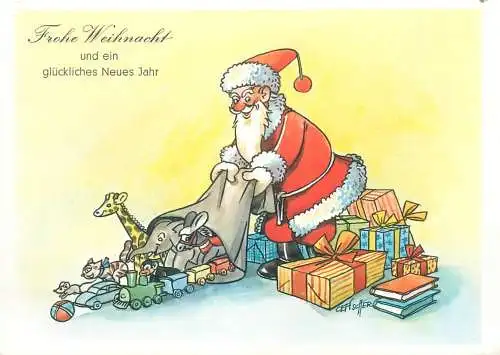 Postcard greetings card Christmas preasents toys and Santa