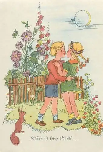 Postcard couple in the garden and squirrel