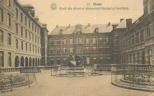 Postcard France Mons ecole des Mines et monument Guisbal et Devillers