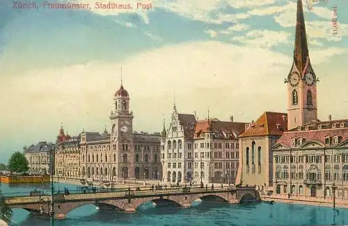 Postcard Switzerland Zurich stadthaus post Fraumunster