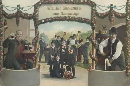 People cheers beer vintage greetings postcard Namenstage holiday celebration
