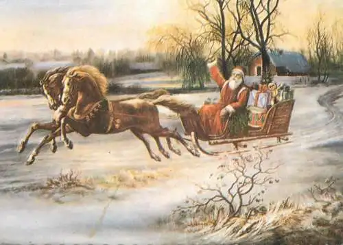 Winter Holidays Greetings Santa Claus in horse-drawn sleigh illustration