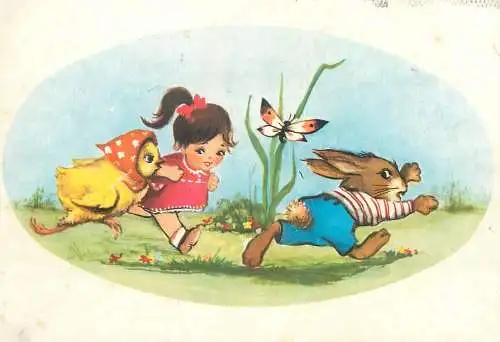 Easter greetings chicken girl rabbit butterfly running children illustration