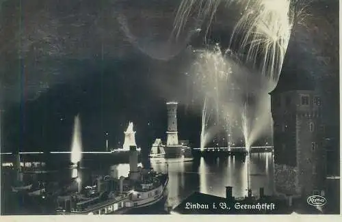 Germany Lindau harbour night scenery lighthouse fireworks
