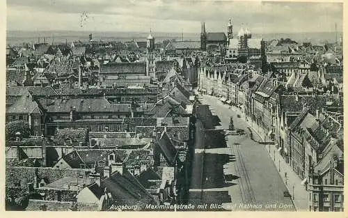 Postcard Germany Augsburg Mazimillianstrasse mit Blick auf Rathaus