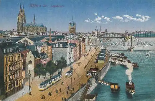 Postcard Germany Koln Leystapel tram barge ships