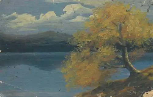postcard painting place to identify tree and lake scene