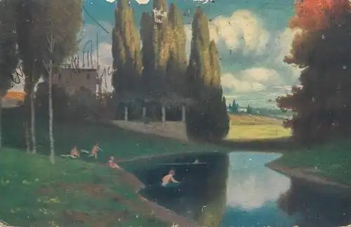 postcard Hungary Marke lake and house painting