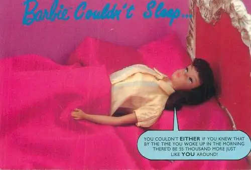 Comic postcard USA nostalgic Barbie couldn't sleep 1989