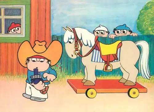 Comic postcard Germany cowboy and wood horse1969 Zweites Deutsches Fernsehen