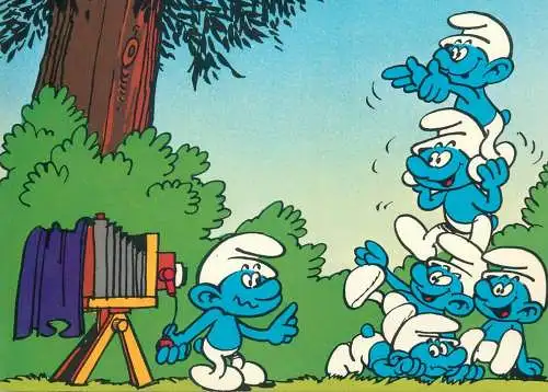 Comic postcard Germany smurfs group photo camera