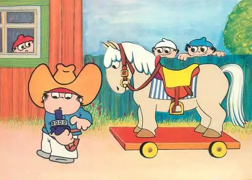 Comic postcard Germany1969 Mainzelmannchen Cowboy and woodhorse
