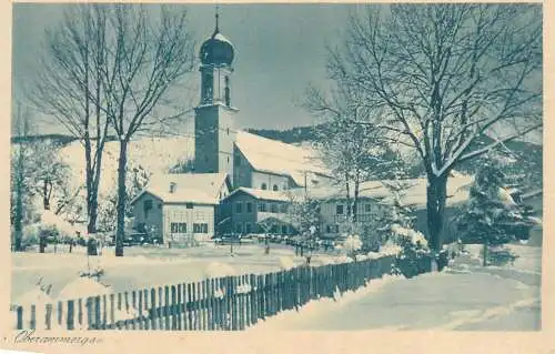 Postcard Germany Oberammergau im Winter dorfpartie mit kirche
