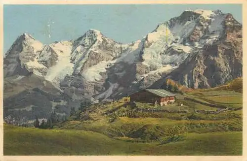 Switzerland Alphutte im Berner Oberland mit Eiger Monch und Jungfrau
