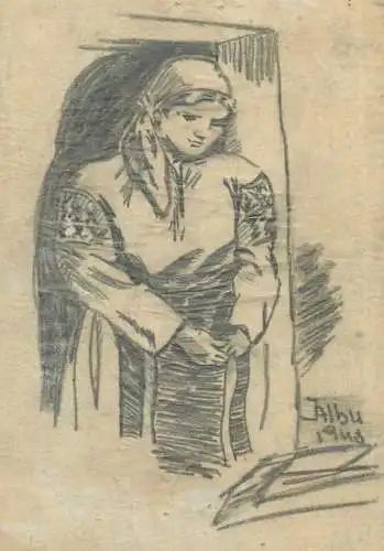 Romanian ethnic folk type sketch drawn signed Albu 1948 format 10 x 15 cm