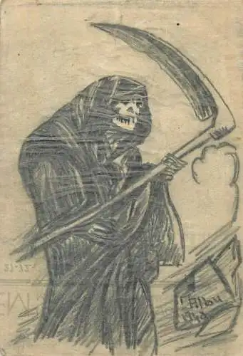 Death sketch drawing signed Albu 1948 format 10 x 15 cm