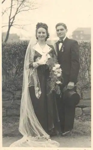 Vintage brides wedding groom & bride social history photo postcard veil elegance dress