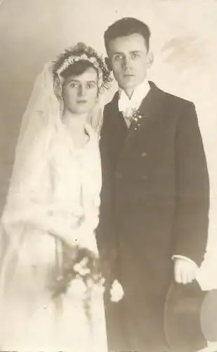 Vintage brides wedding groom & bride social history photo postcard veil elegance tuxedo