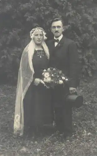 Vintage brides wedding groom & bride social history photo postcard veil elegance tuxedo