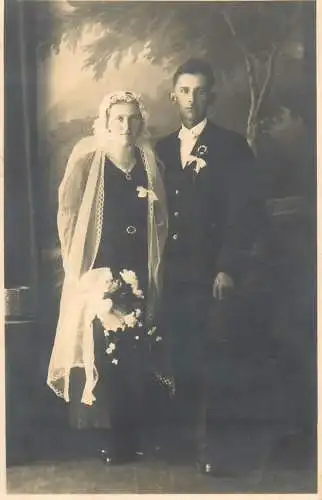 Vintage brides wedding groom & bride social history photo postcard veil elegance tuxedo