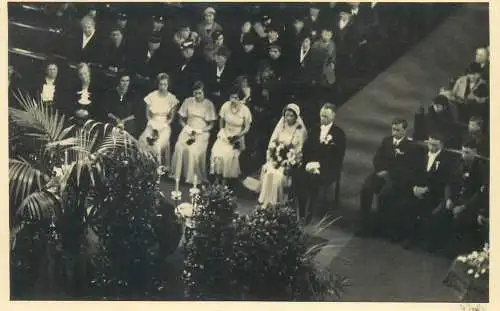 Vintage brides wedding groom & bride social history photo postcard church hall 1935