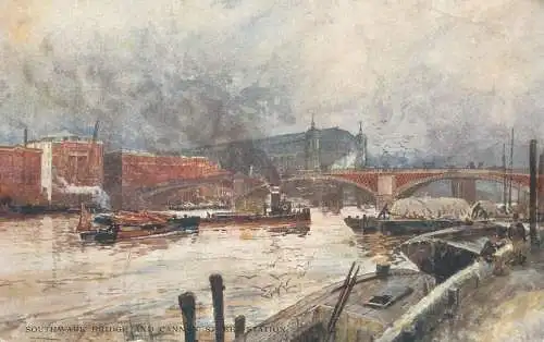 England London Southwark Bridge and Cannon Street old city illustration