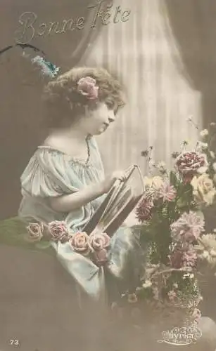 Postcard children France Bonne Fete girl and flowers coiffure
