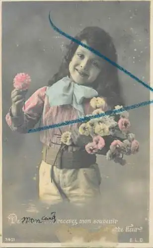 Postcard children France girl smile costume coiffure flower