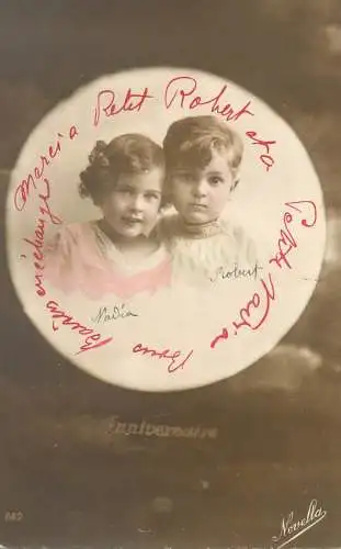 Postcard children France Marcia and Robert brothers coiffure beauty