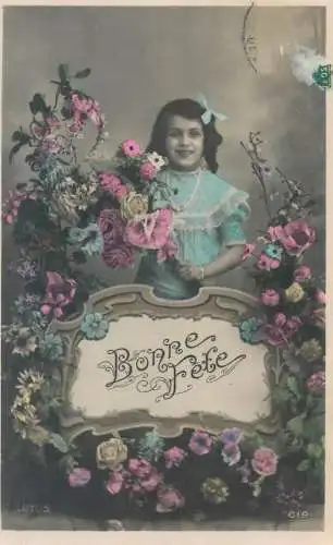 Postcard children France Bonne Fete girl dress flowers