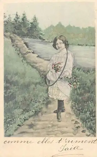 Postcard children France girl in nature dress and coiffure