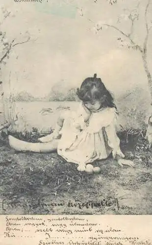 Postcard children girl in dress playing on the ground Easter eggs