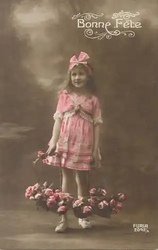 Postcard children France Bonne Fete elegant dress and bow flower basket