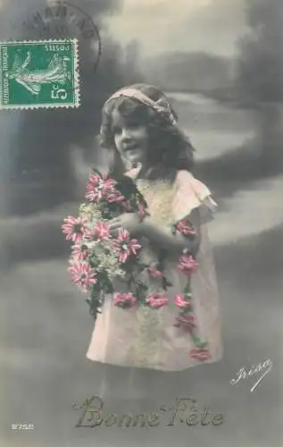 Postcard children France Bonne Fete girl dress coiffure flower innocence