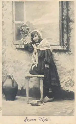 Postcard children France Joyeaux Noel elegant dress and hat girl joy beauty