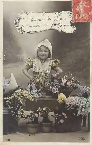 Postcard children France little gardener dress joy beauty innocence flower